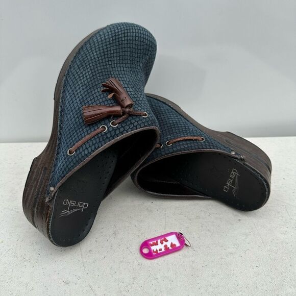 Dansko Shannon Womens Size EU 38 Shoes Blue Snake Print Nubuck Tasseled Mule - Picture 1 of 7